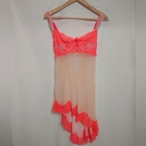 Victoria's Secret Sheet Nightie Top Chemise Hot Coral Orange Pink Cream 36D